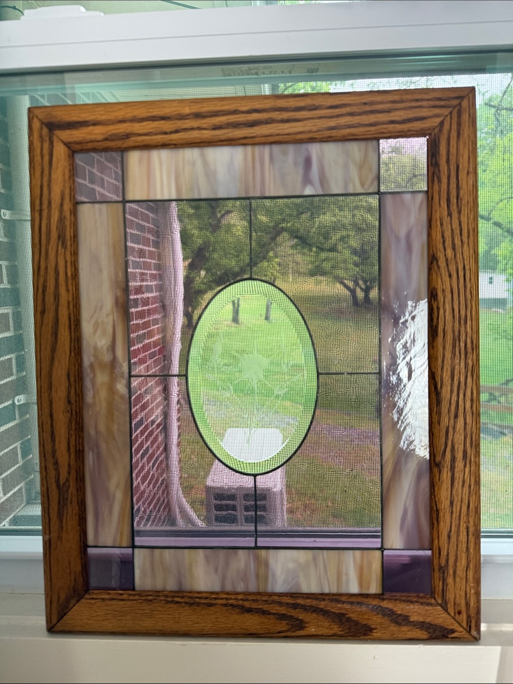 Framed Stained Glass Window Panel with Oval Etched Center flower detail